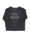 Front of Toddler Stacked Logo Crewneck Sweatshirt in Charcoal Gray with Olive Color Logo