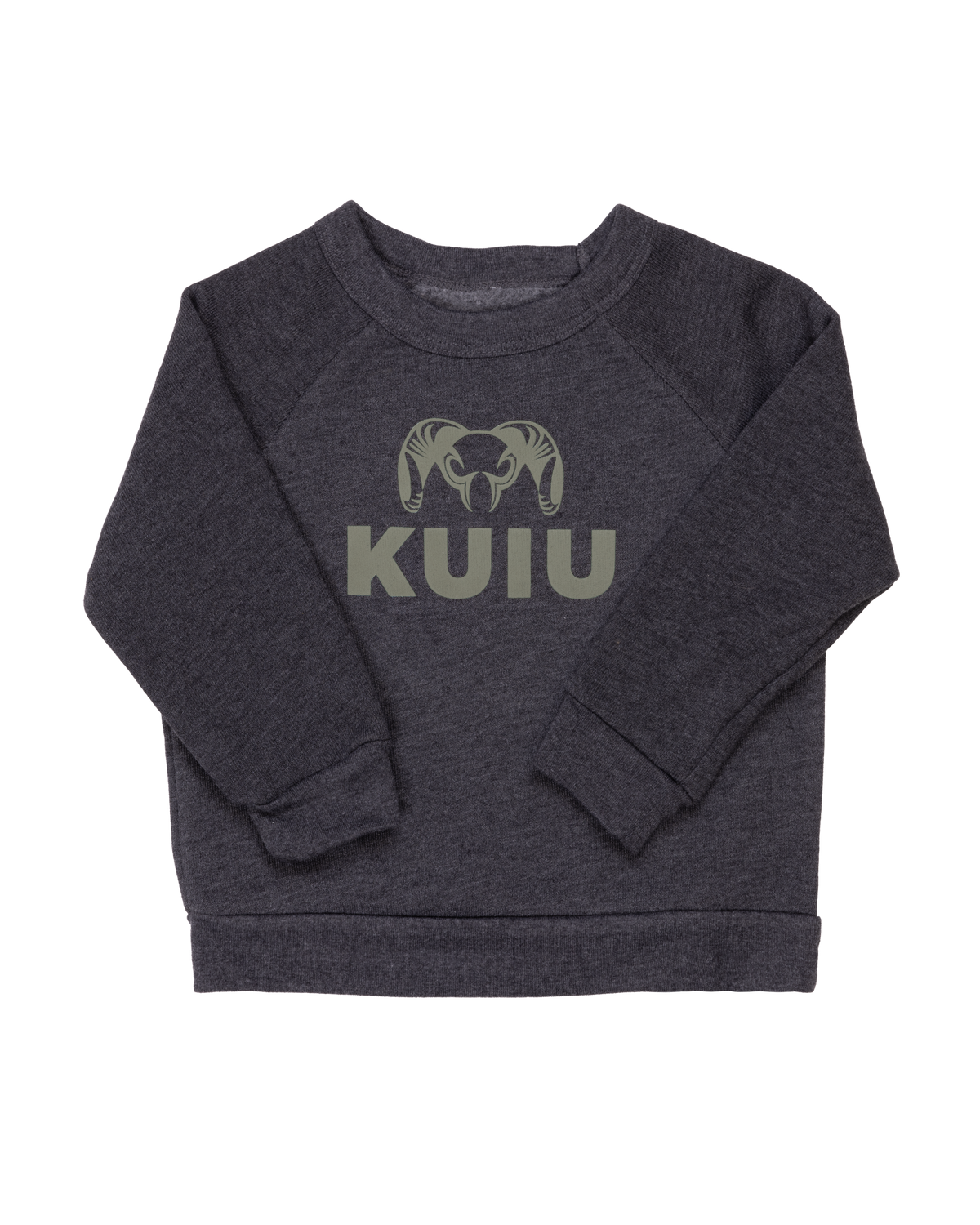 Front of Toddler Stacked Logo Crewneck Sweatshirt in Charcoal Gray with Olive Color Logo