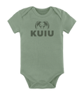 Front of KUIU Stacked Logo Baby One Piece in Thyme Green