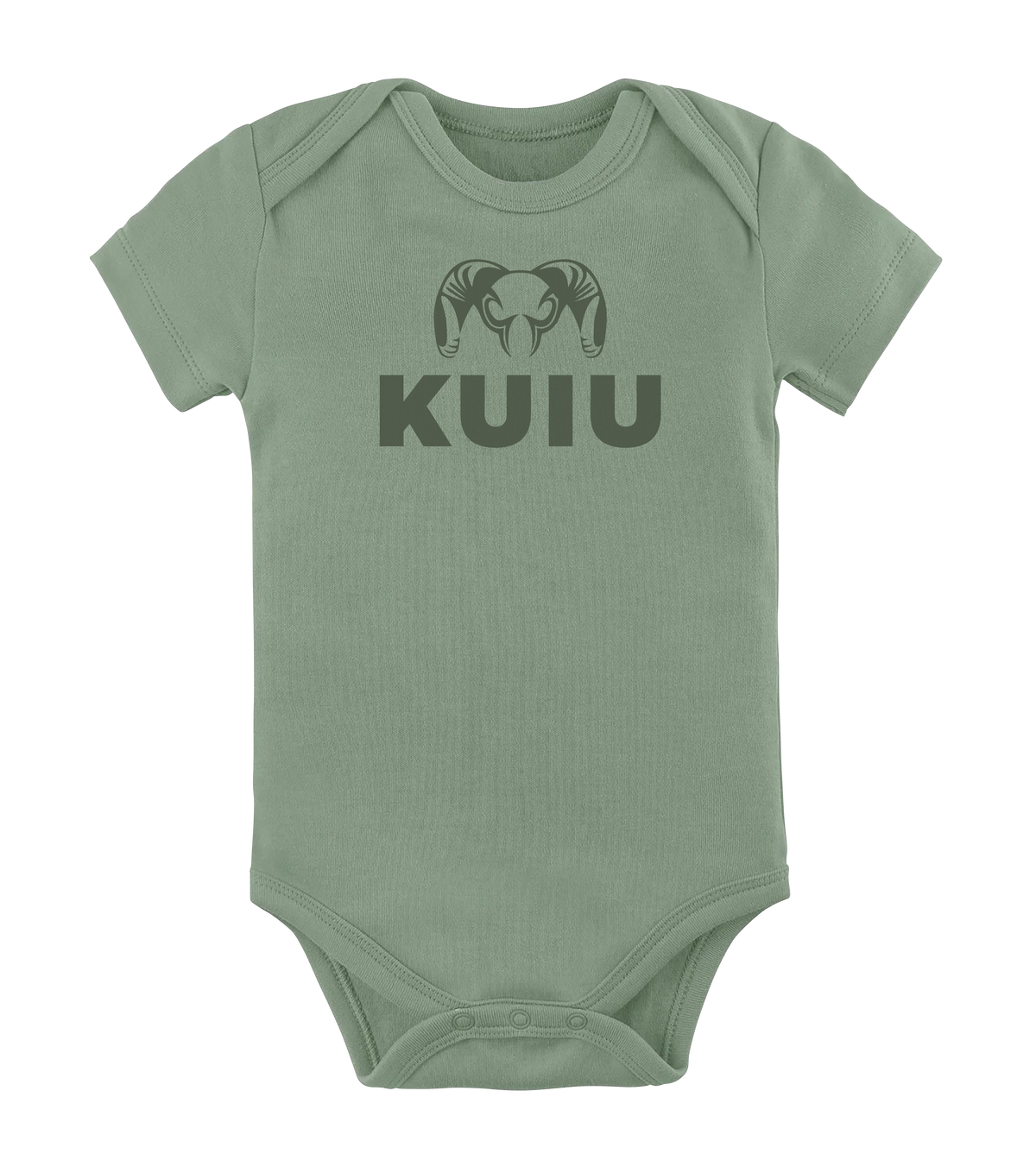Front of KUIU Stacked Logo Baby One Piece in Thyme Green
