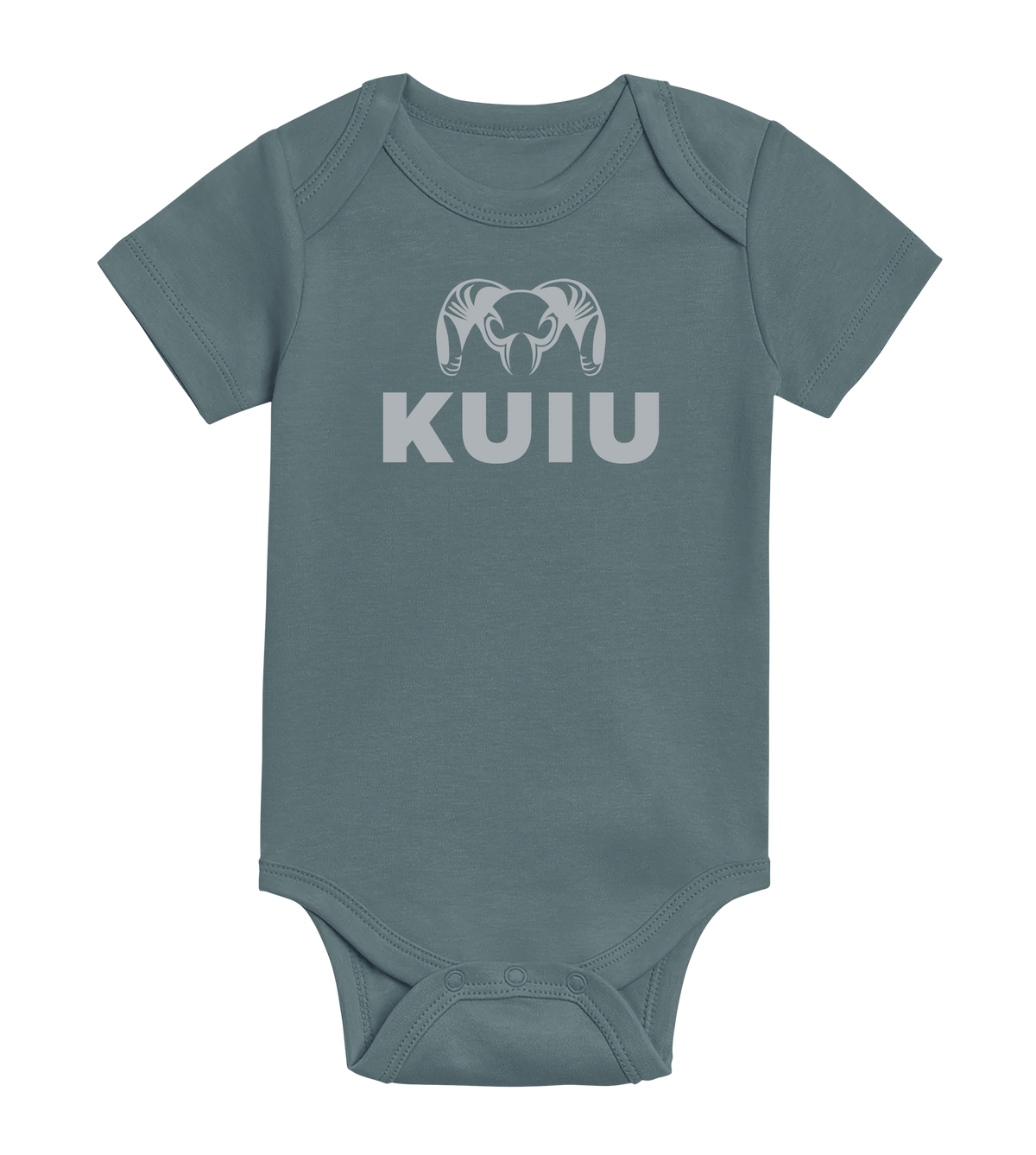 Front of KUIU Stacked Logo Baby One-Piece in Harbor Seagreen