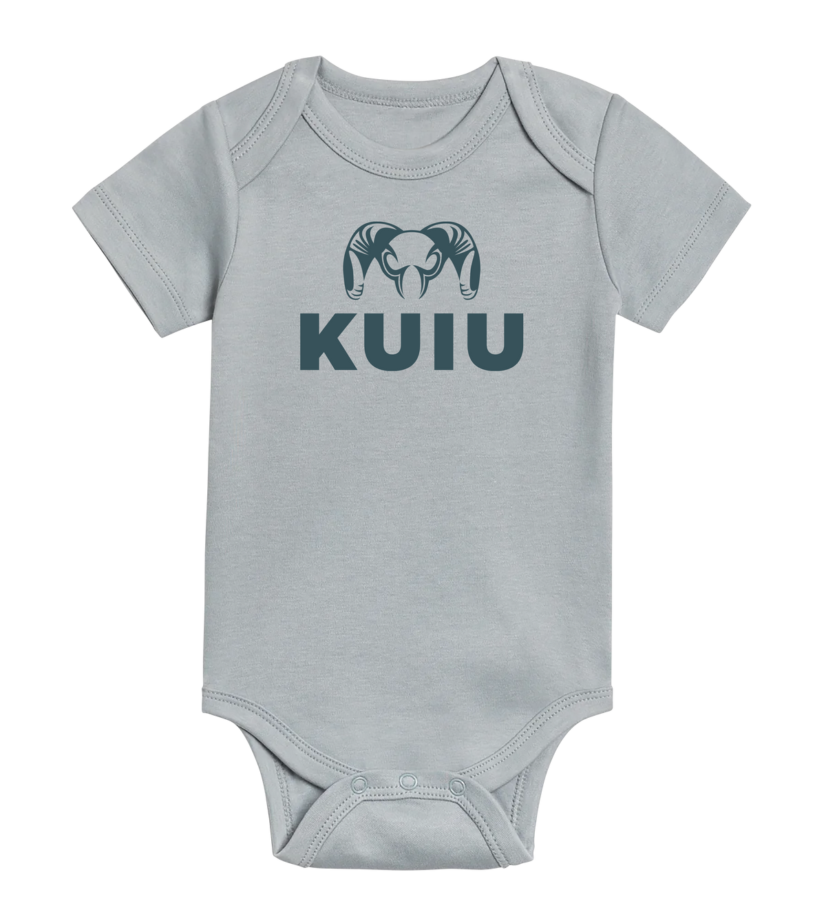 Front of KUIU Stacked Logo Baby One-Piece in Mist Blue