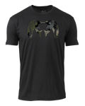Front of KUIU Camo Big Ram T-Shirt in Black with Verde Camouflage Ram Logo