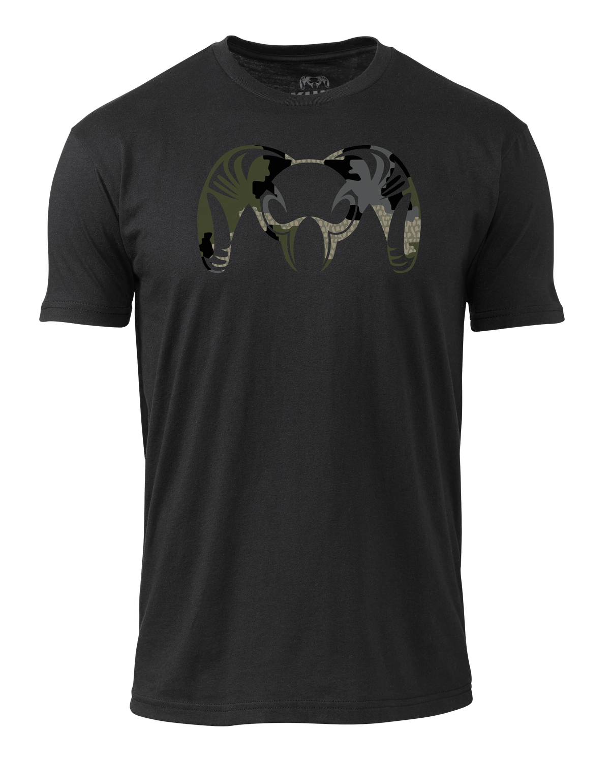 Front of KUIU Camo Big Ram T-Shirt in Black with Verde Camouflage Ram Logo