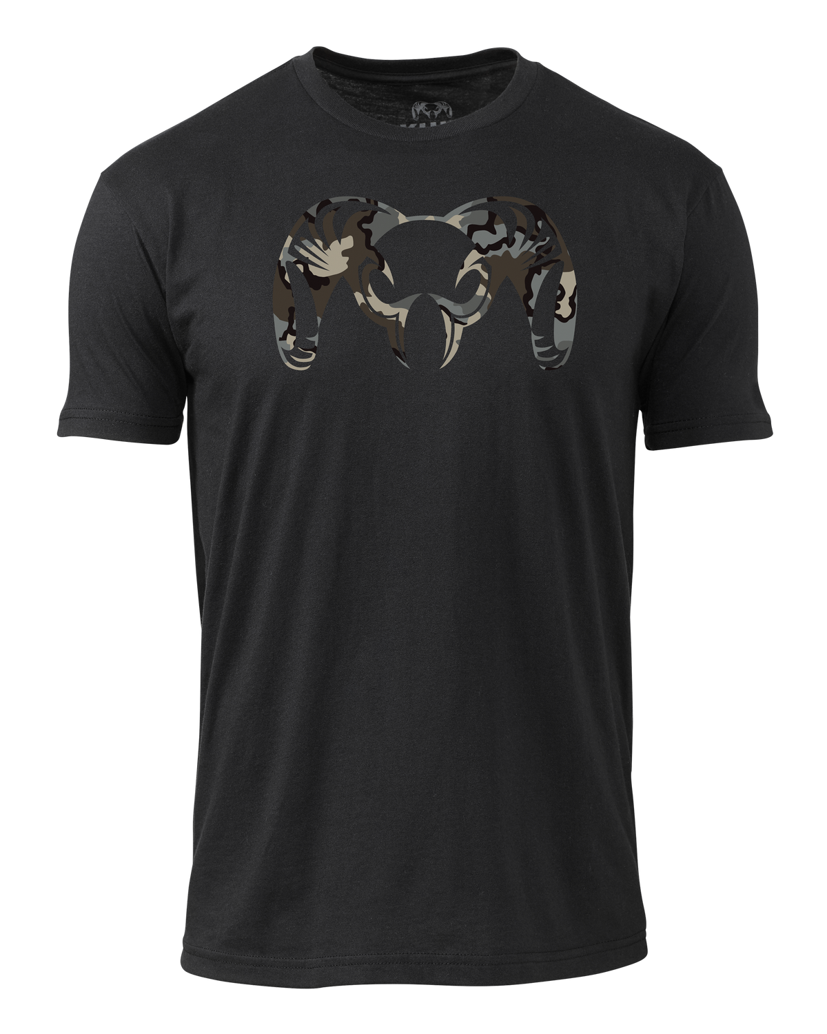 Front of KUIU Camo Big Ram T-Shirt in Black with Vias Camouflage Ram Logo