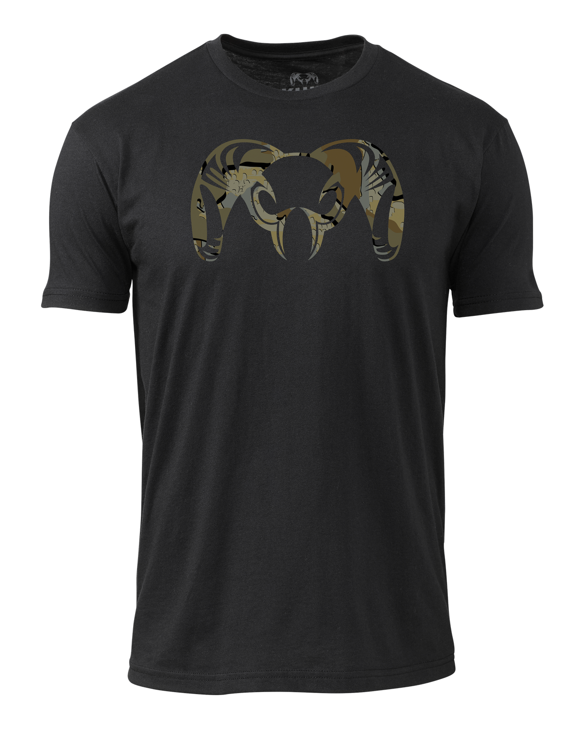 Front of KUIU Camo Big Ram T-Shirt in Black with Valo Camouflage Ram Logo