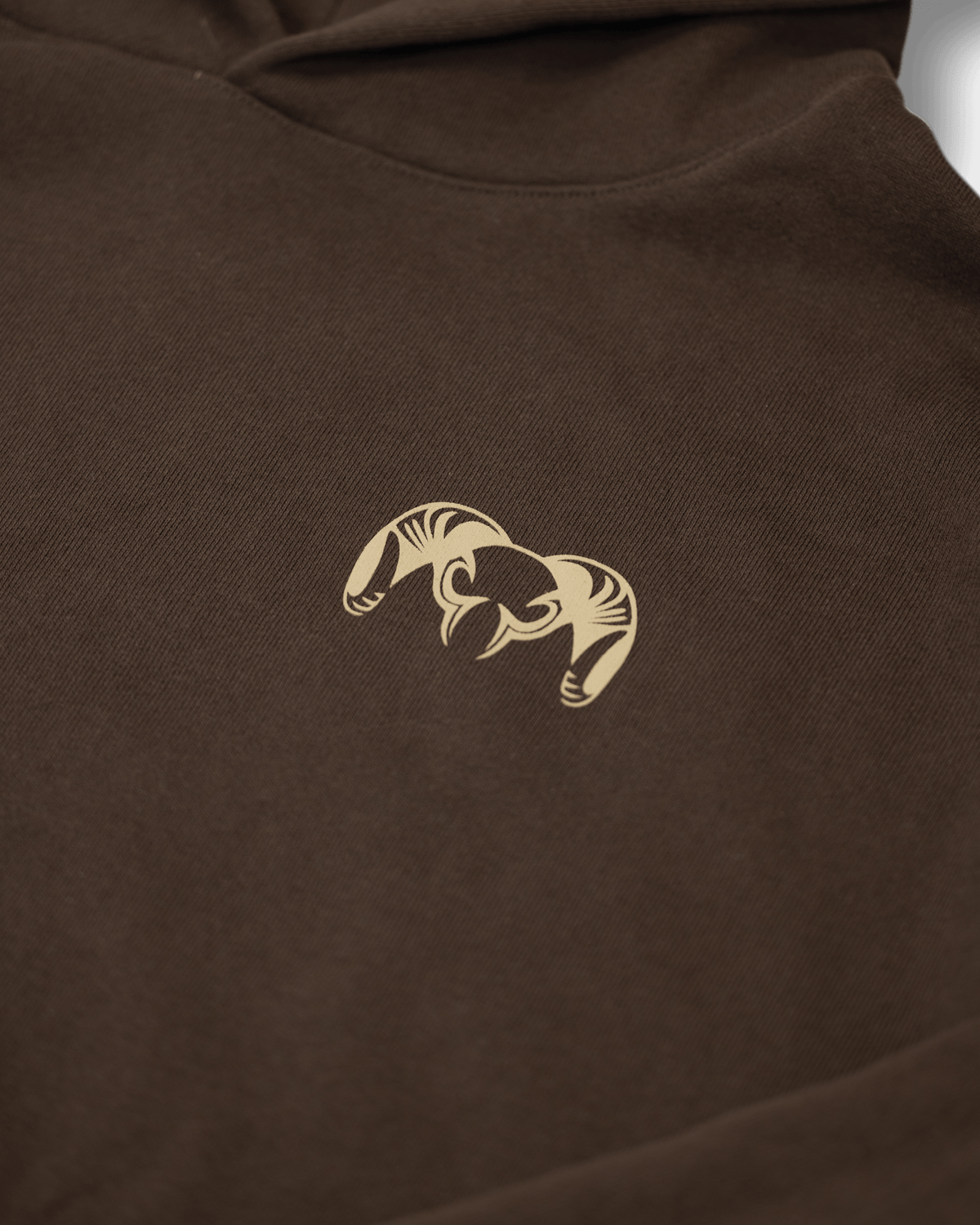 Workgrade Heavyweight Hoodie in Brown, Highlighting KUIU Ram logo on left chest 