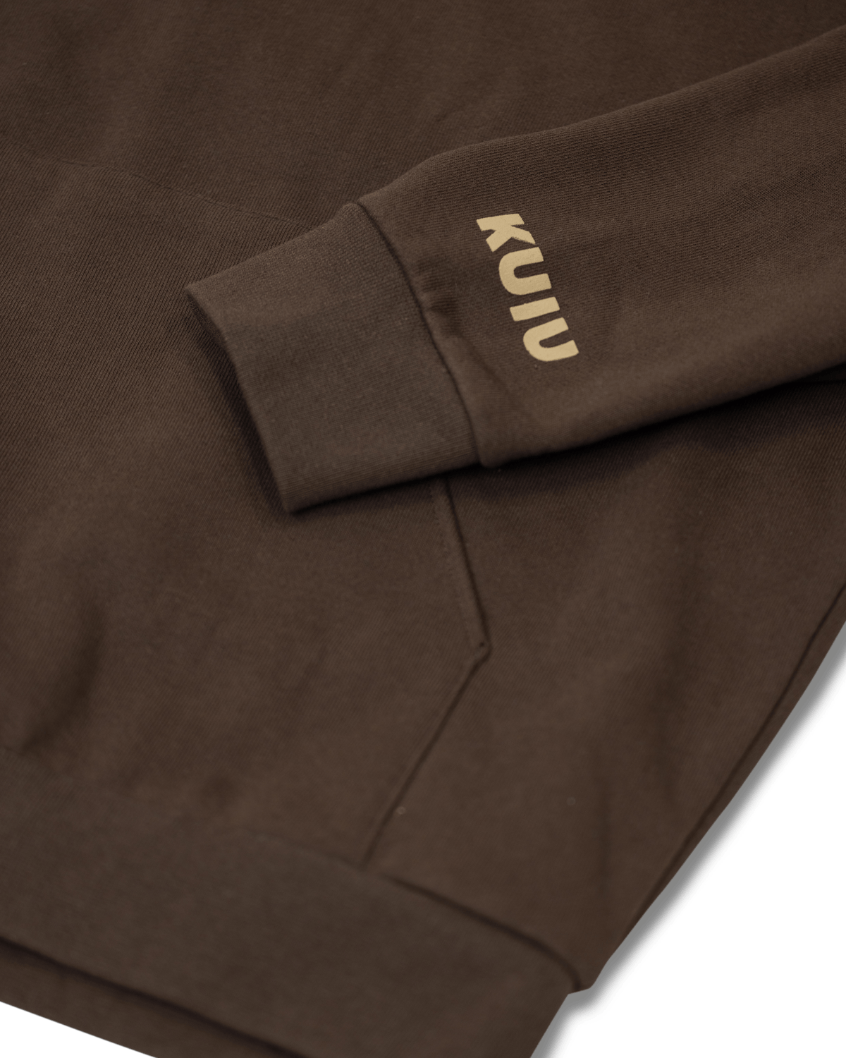 Workgrade Heavyweight Hoodie in Brown, Highlighting KUIU logo on bottom left sleeve
