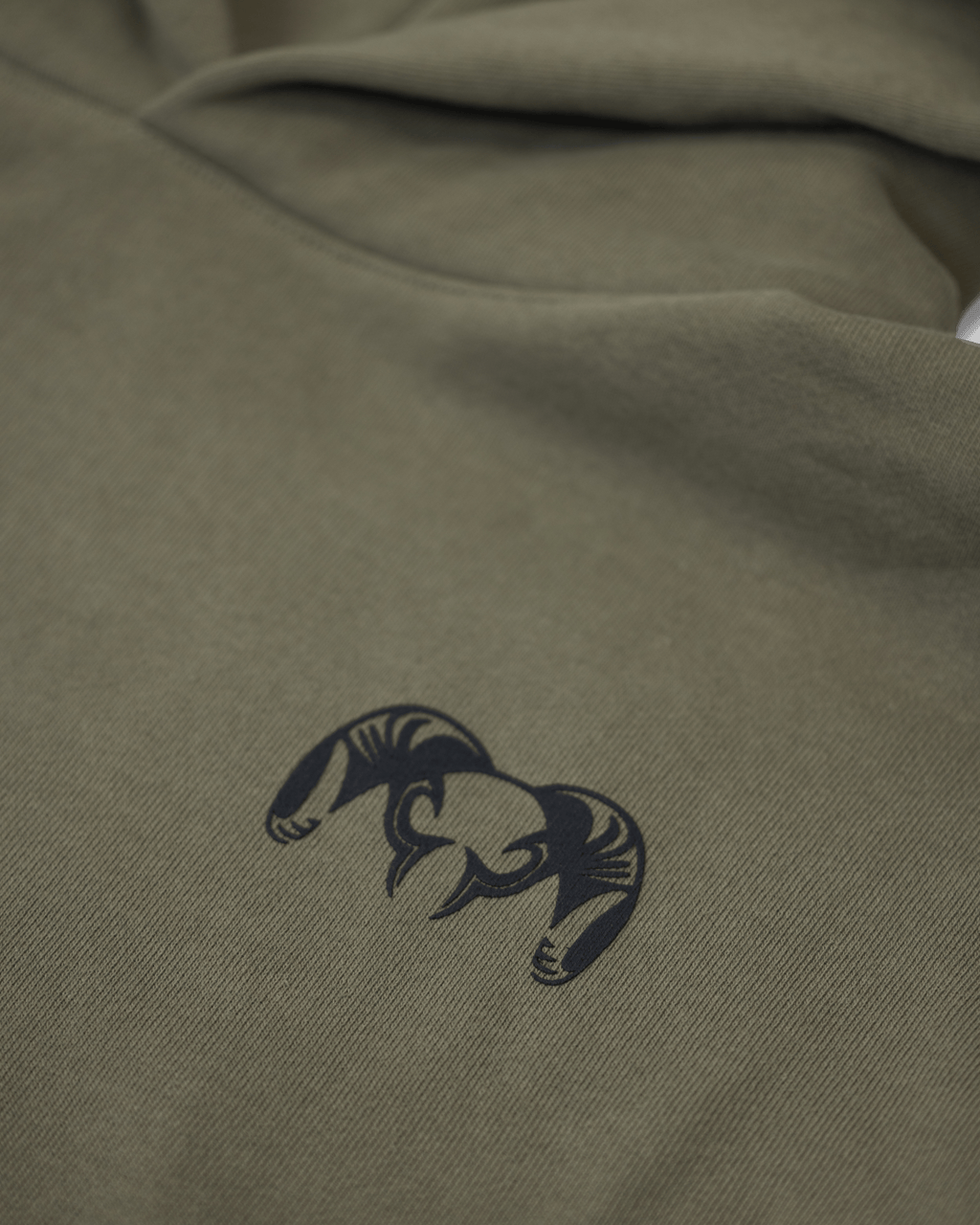 Workgrade Heavyweight Hoodie in Olive Green, Highlighting KUIU Ram logo on left chest 