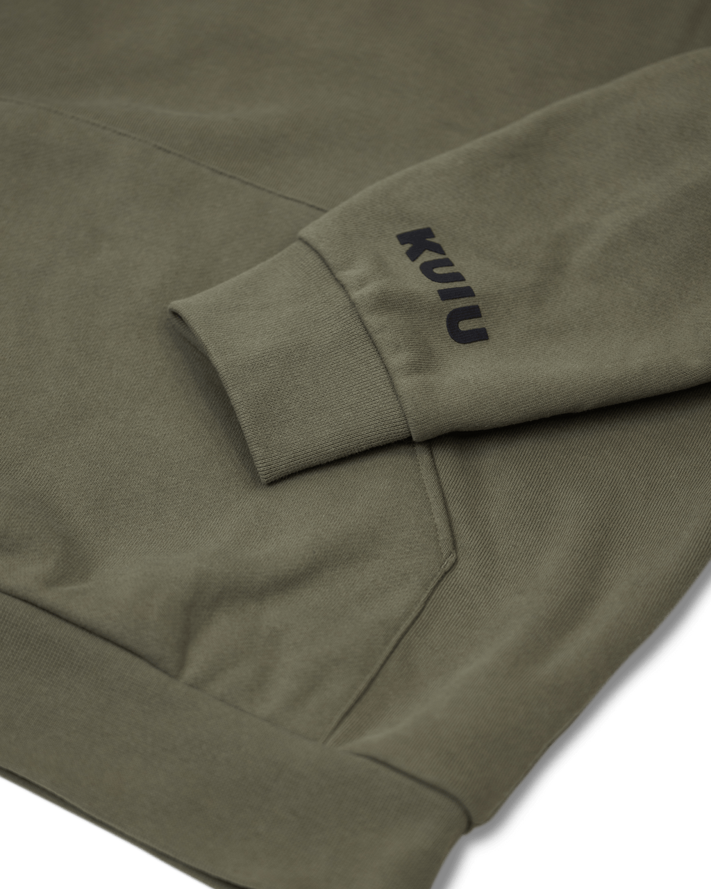 Workgrade Heavyweight Hoodie in Olive Green, Highlighting KUIU logo on bottom left sleeve