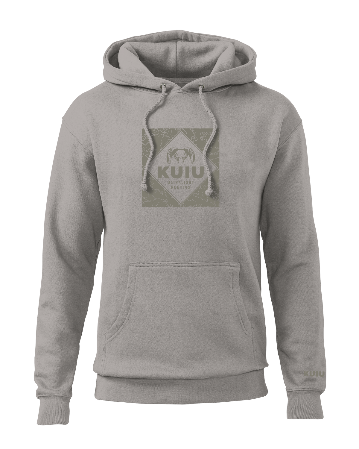 Front of KUIU Camo Outline Hoodie in Cement Grey