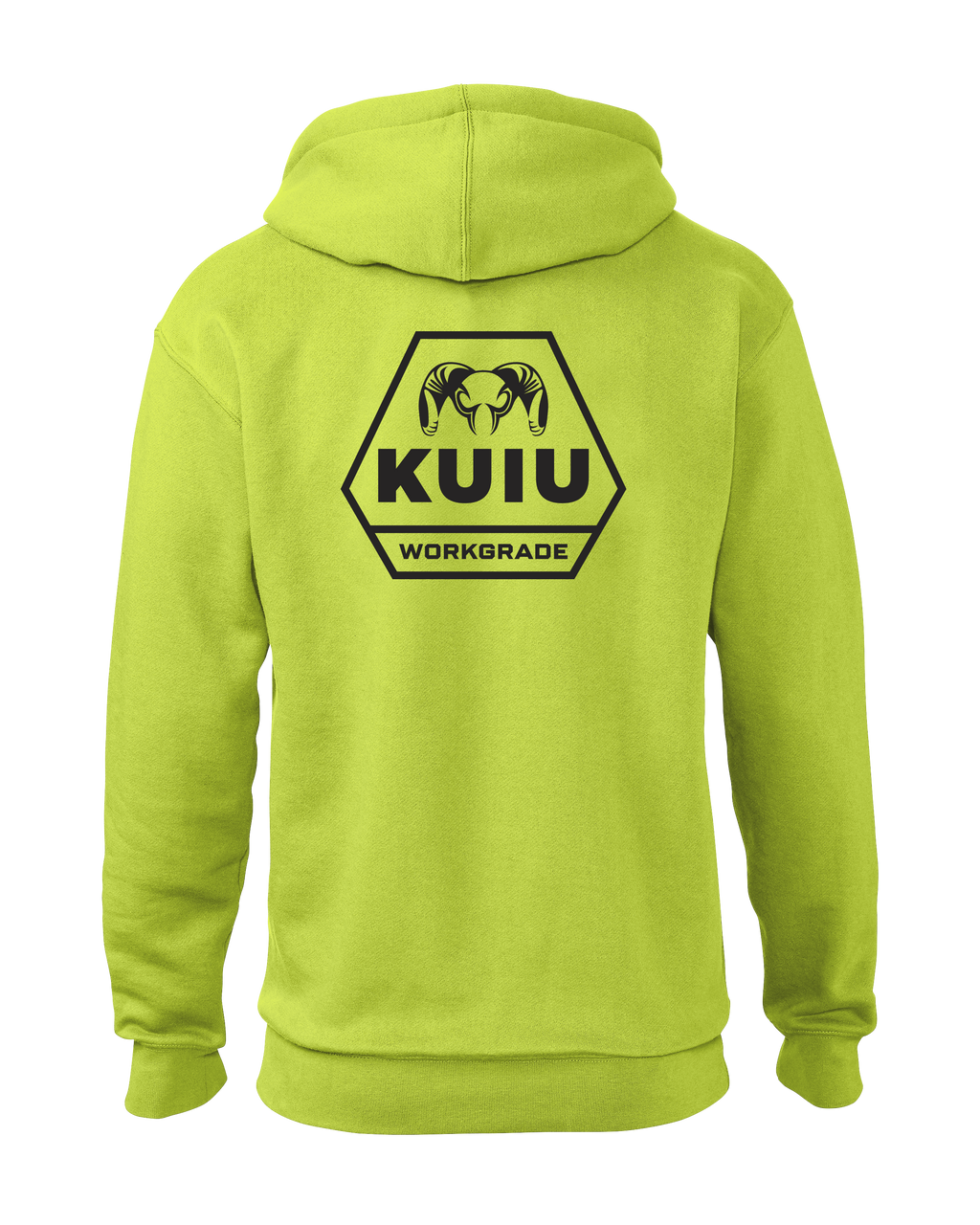 Back of KUIU Workgrade Signal Hoodie in Safety Yellow