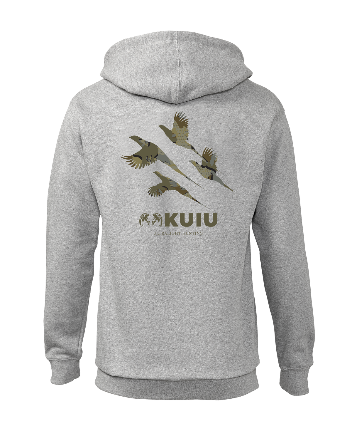 Back of KUIU Valo Upland Hoodie in Heather Grey