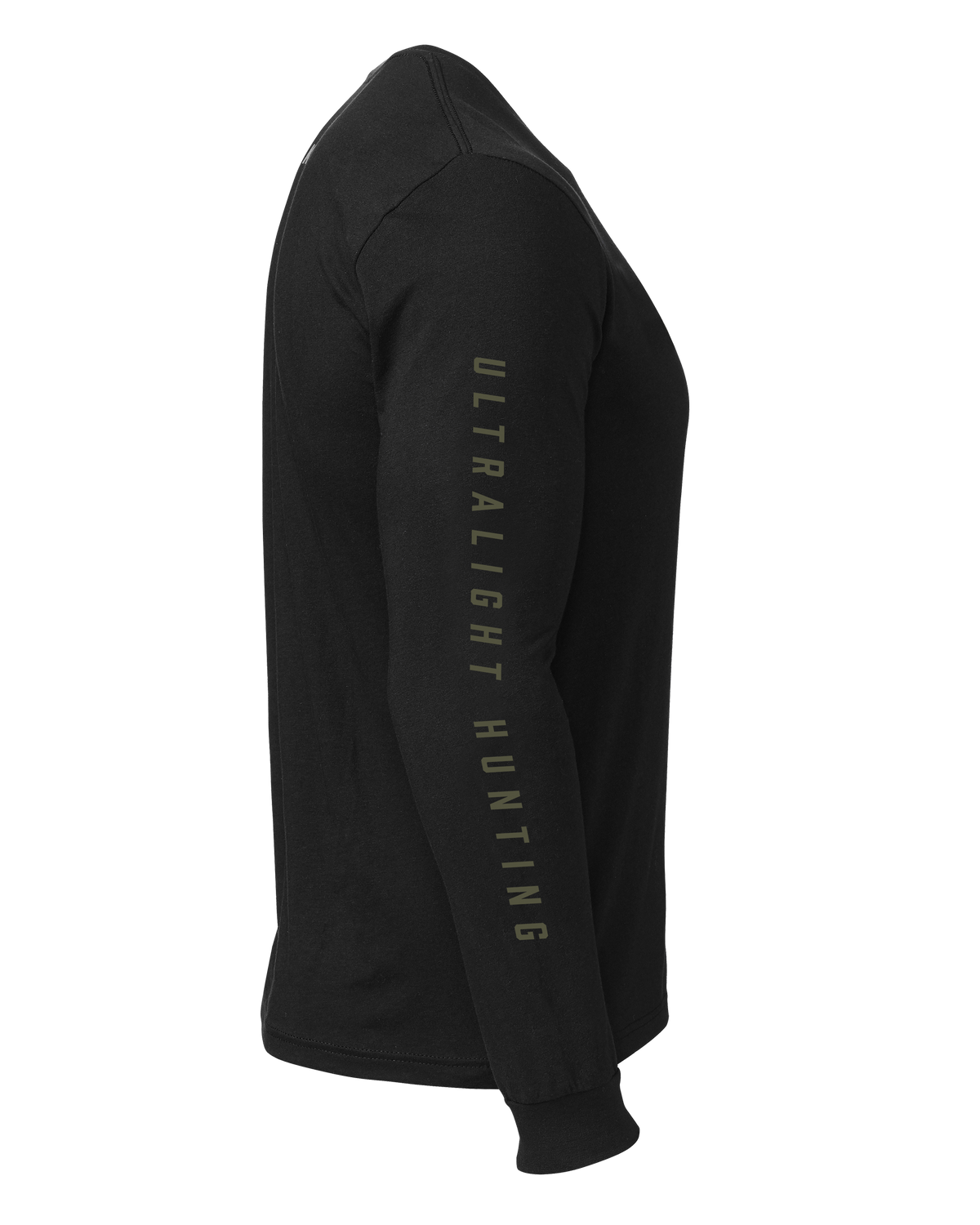 Side view of KUIU Logo Long Sleeve T-Shirt in Black, Highlighting Ultralight Hunting printed on right outer sleeve