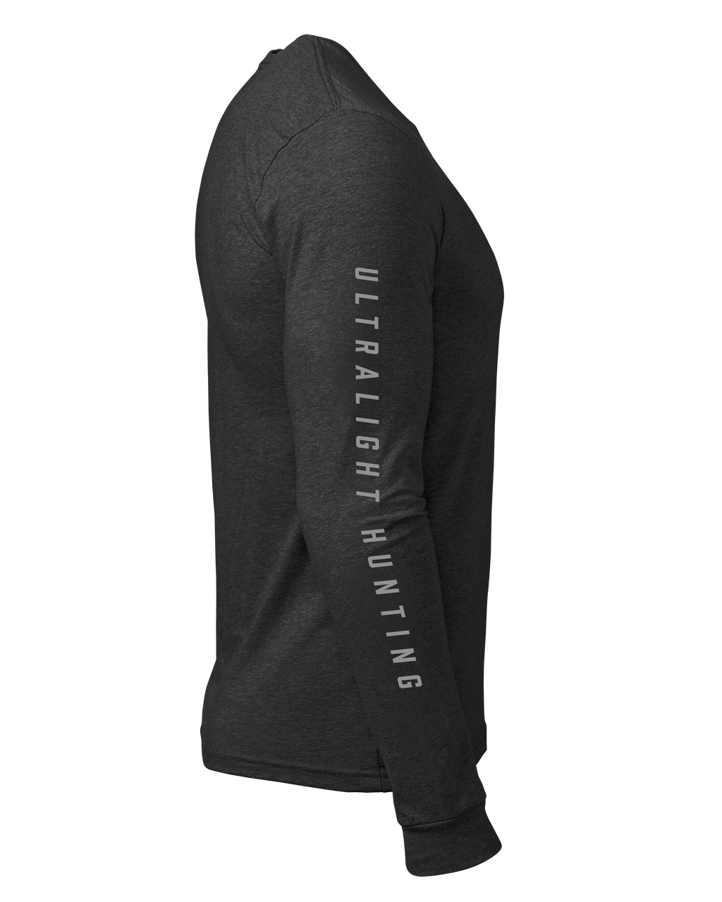 Side view of KUIU Logo Long Sleeve T-Shirt in Charcoal Grey, Highlighting Ultralight Hunting printed on right outer sleeve