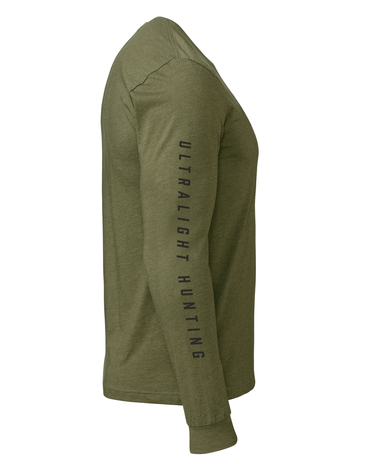 Side view of KUIU Logo Long Sleeve T-Shirt in Military Green, Highlighting Ultralight Hunting printed on right outer sleeve