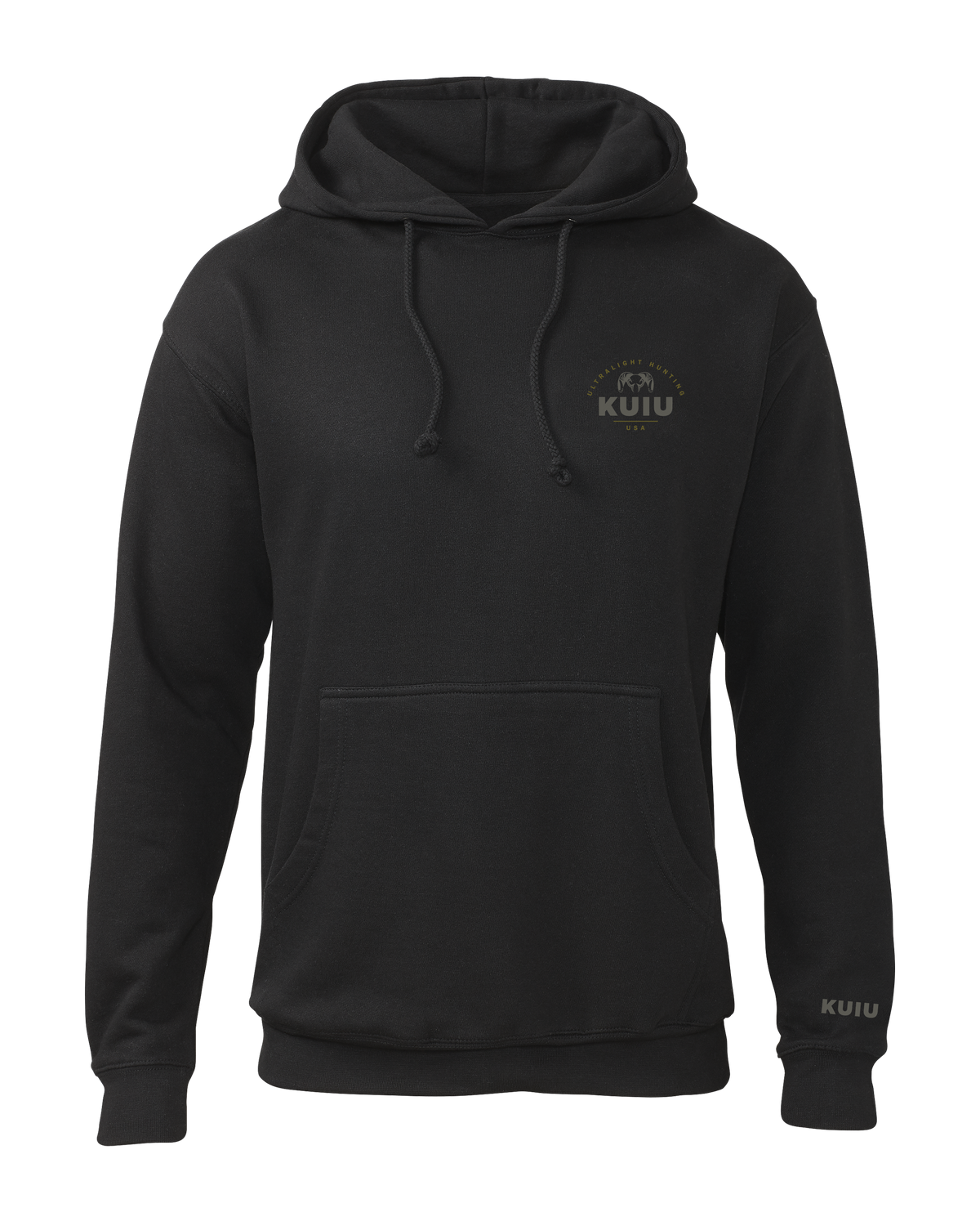 Front of KUIU Stacked Chest Logo Hoodie in Black