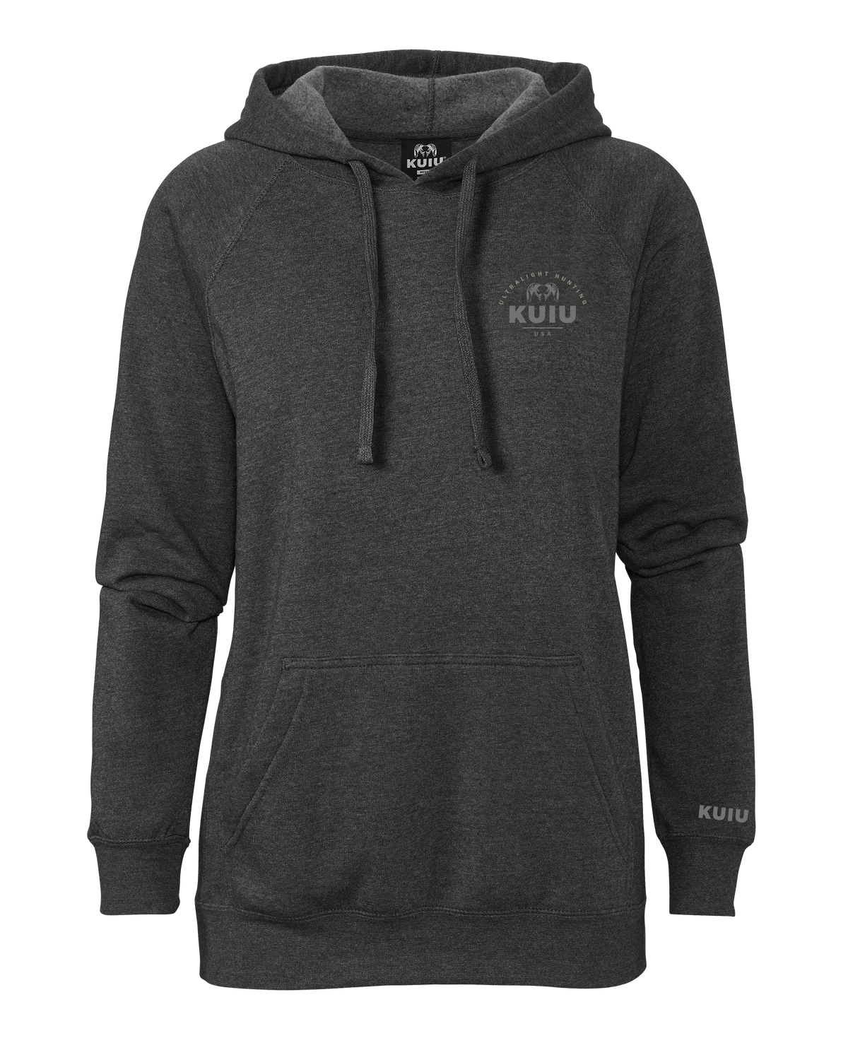 Front of KUIU Women's Stacked Chest Logo Hoodie in Charcoal