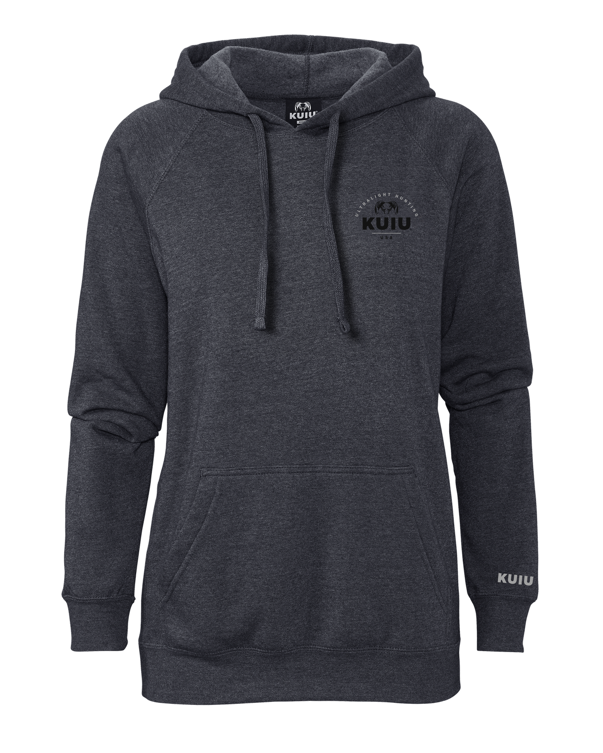 Front of KUIU Women's Stacked Chest Logo Hoodie in Midnight Navy Blue