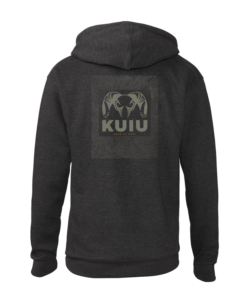 Back of KUIU Topo Back Logo Hoodie in Charcoal Grey