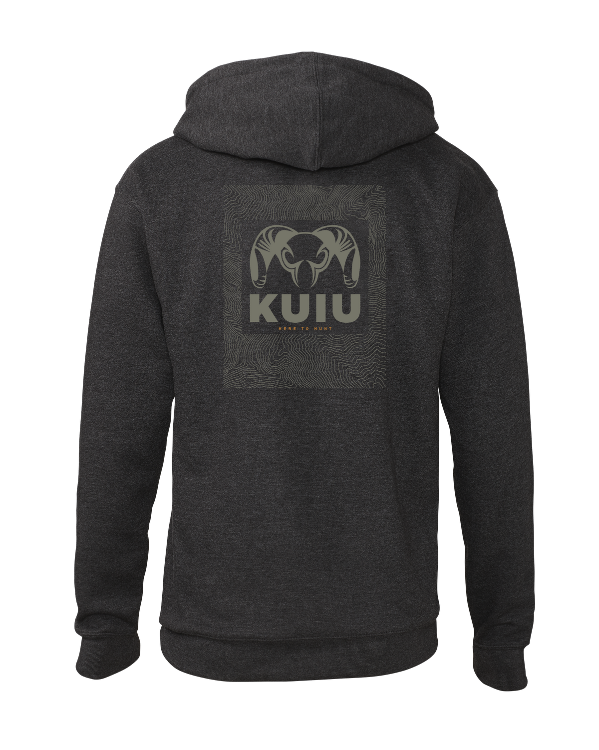Back of KUIU Topo Back Logo Hoodie in Charcoal Grey
