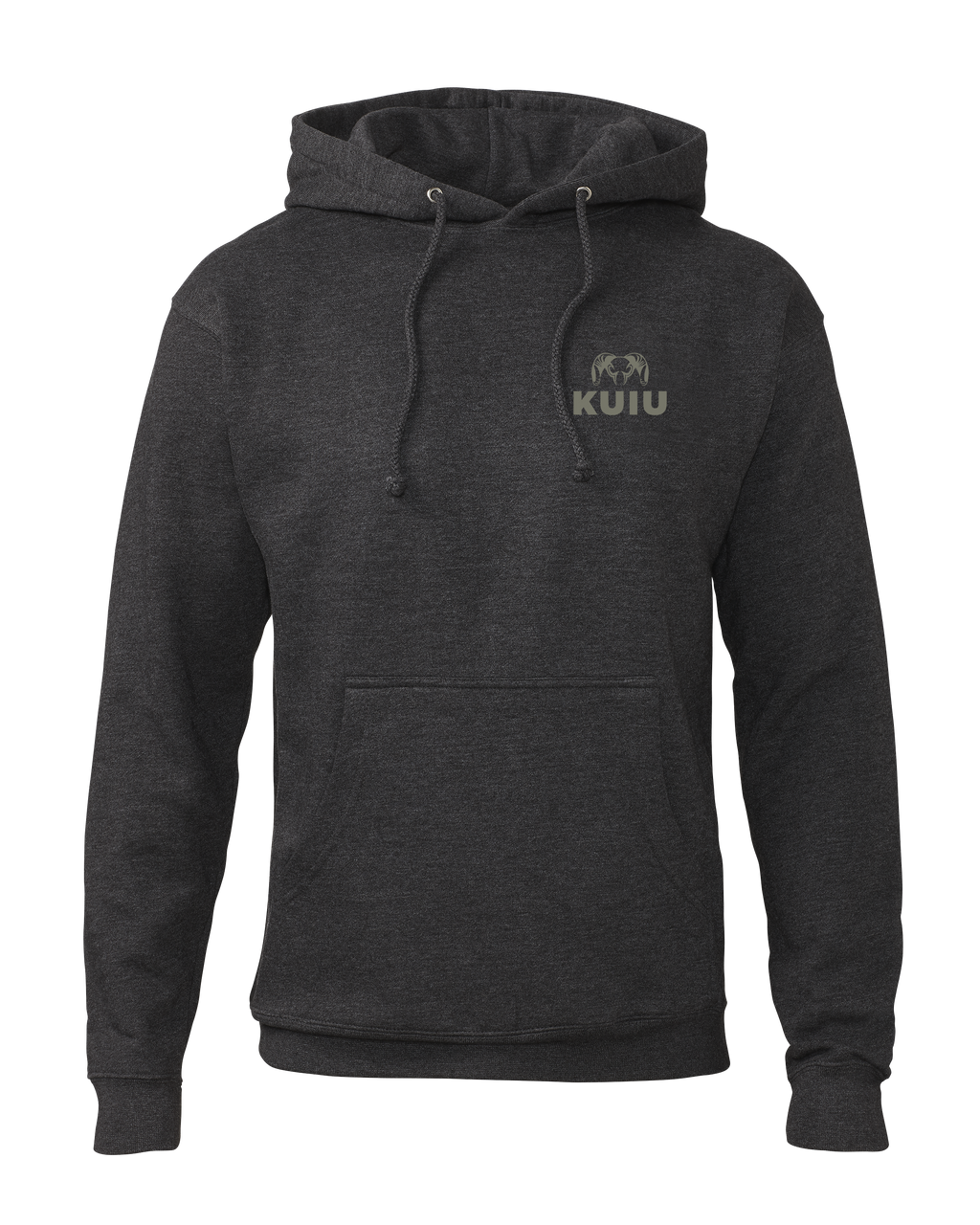 Front of KUIU Topo Back Logo Hoodie in Charcoal Grey