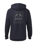 Back of KUIU Topo Back Logo Hoodie in Navy Blue