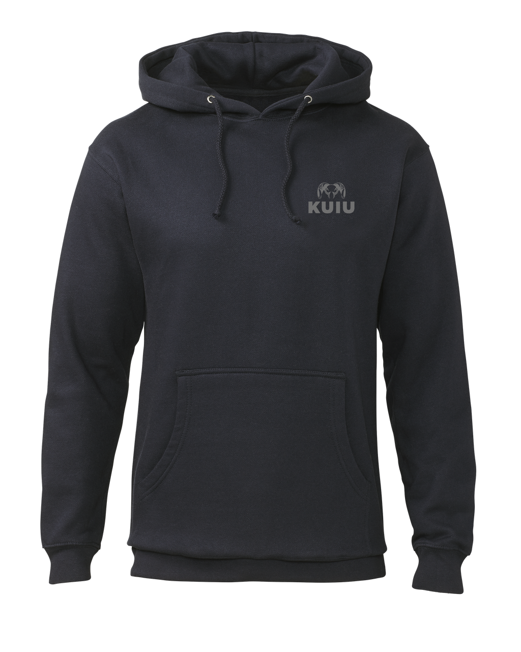 Front of KUIU Topo Back Logo Hoodie in Navy Blue
