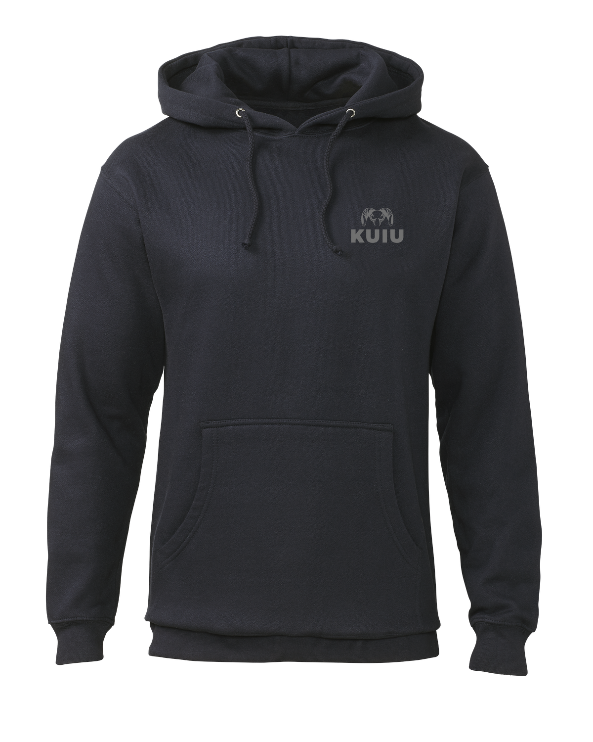 Front of KUIU Topo Back Logo Hoodie in Navy Blue