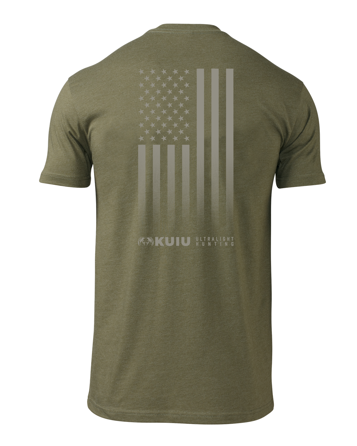 Back of KUIU Vertical Flag Logo T-Shirt in Military Green