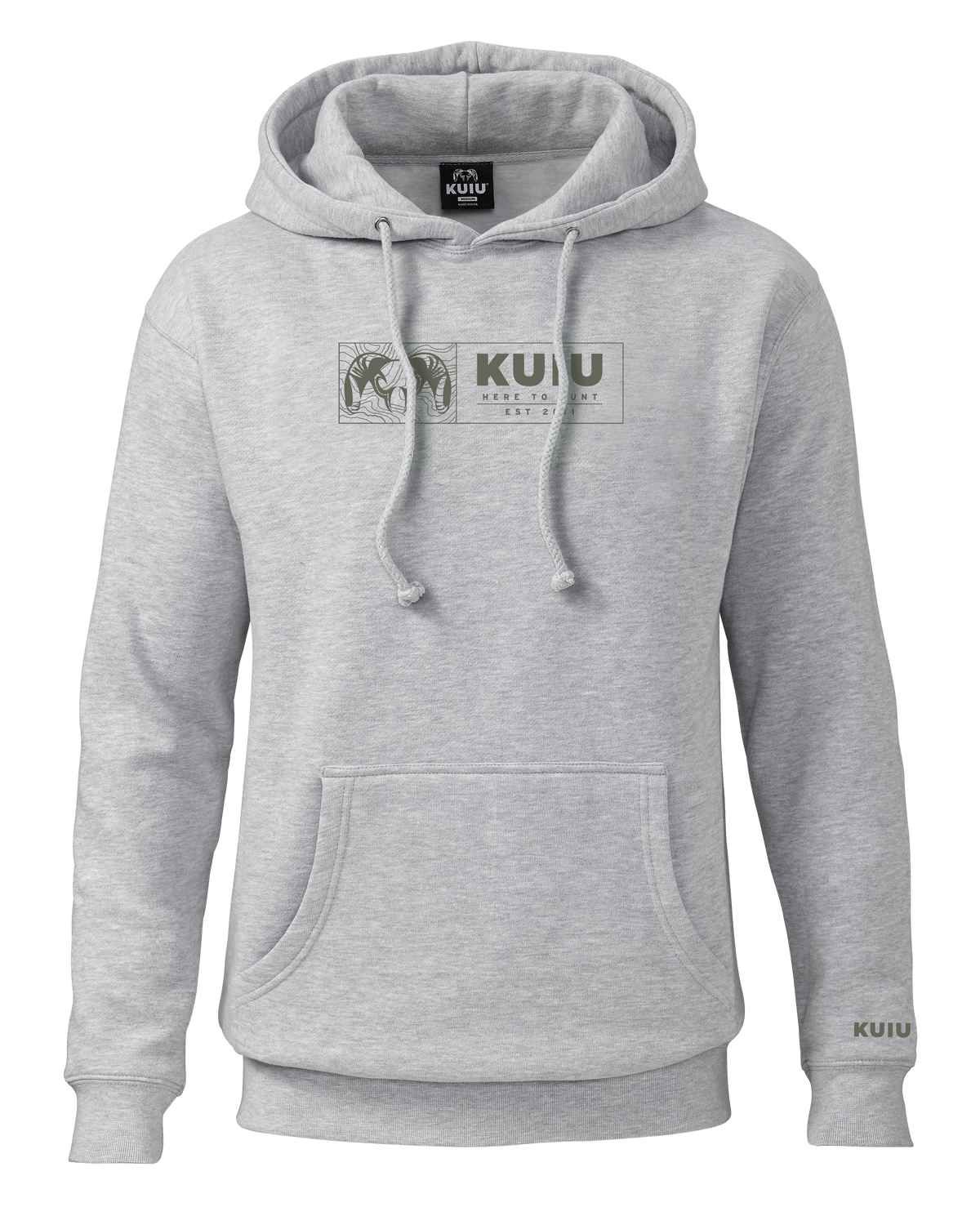 Front of KUIU Topo Block Hoodie in Heather Grey