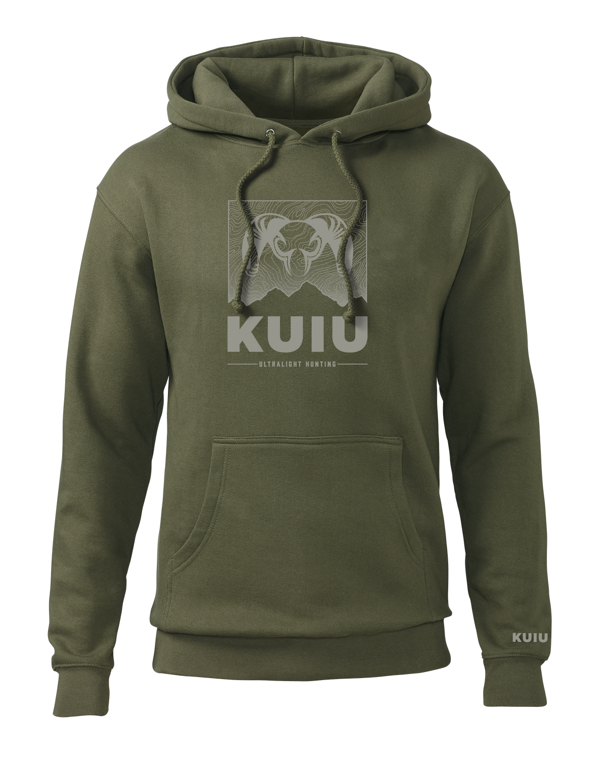 Front of KUIU Topo Mountain Hoodie in Army Green