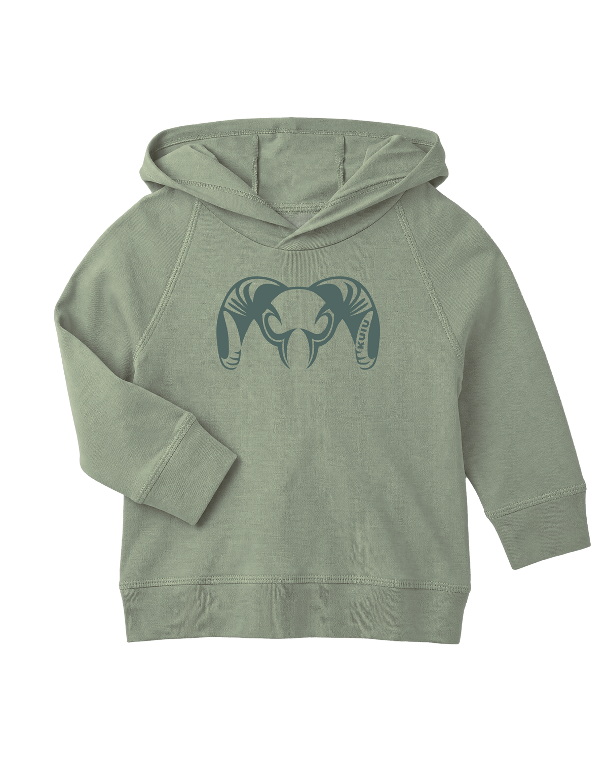 Front of Toddler Big Ram Hoodie in Thyme Green