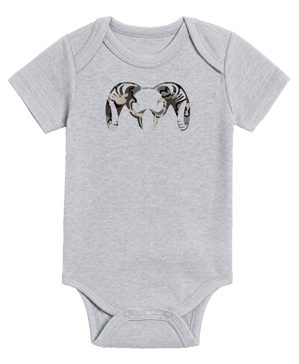 Front of KUIU Vias Ram Baby One-Piece in Heather Grey