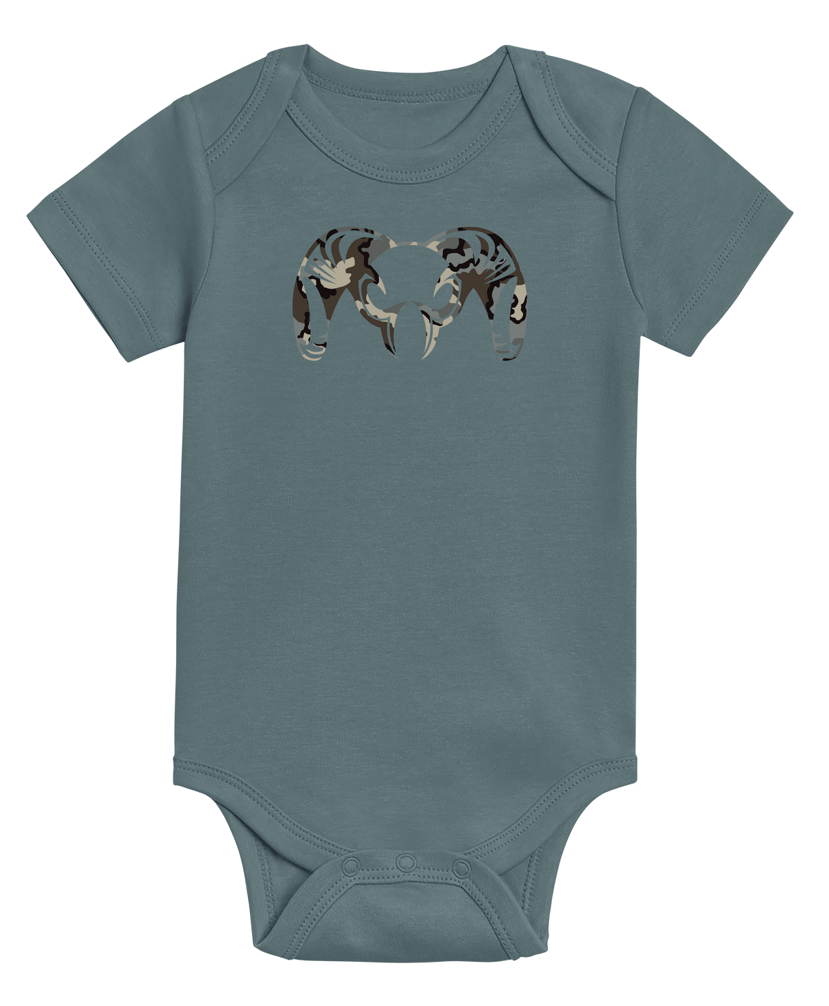 Front of KUIU Vias Ram Baby One-Piece in Harbor Blue