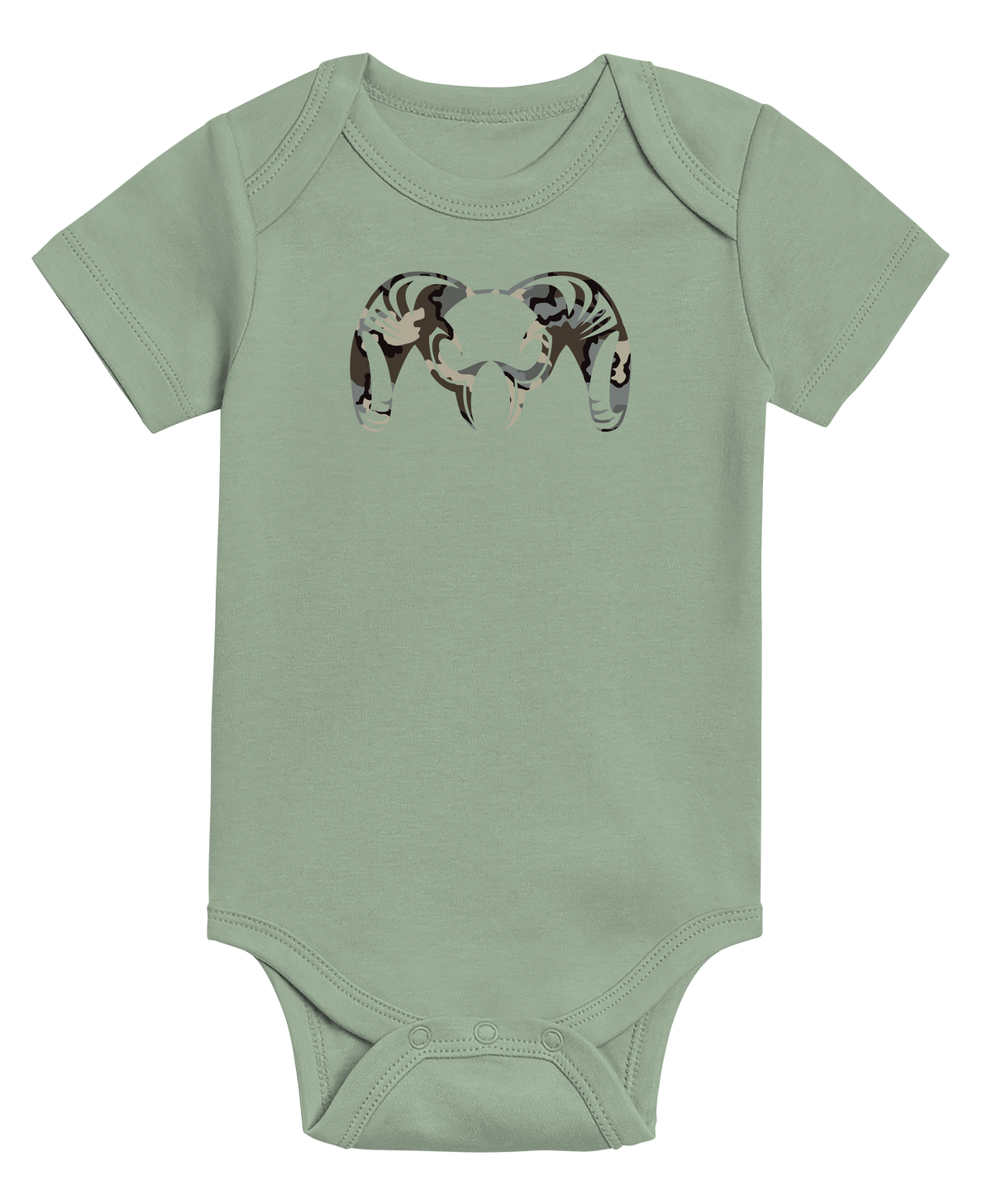 Front of KUIU Vias Ram Baby One-Piece in Thyme Green