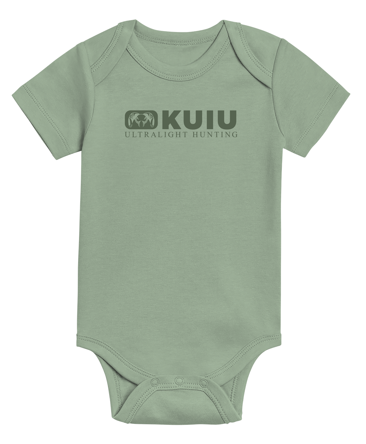 Front of KUIU Block Logo Baby One-Piece in Thyme Green