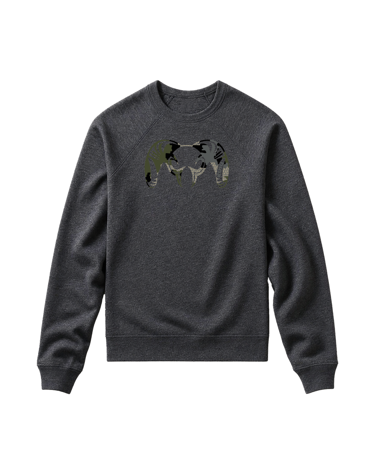 Front of Toddler Camo Big Ram Crewneck Sweatshirt in Heather Grey with Verde camouflage ram logo.