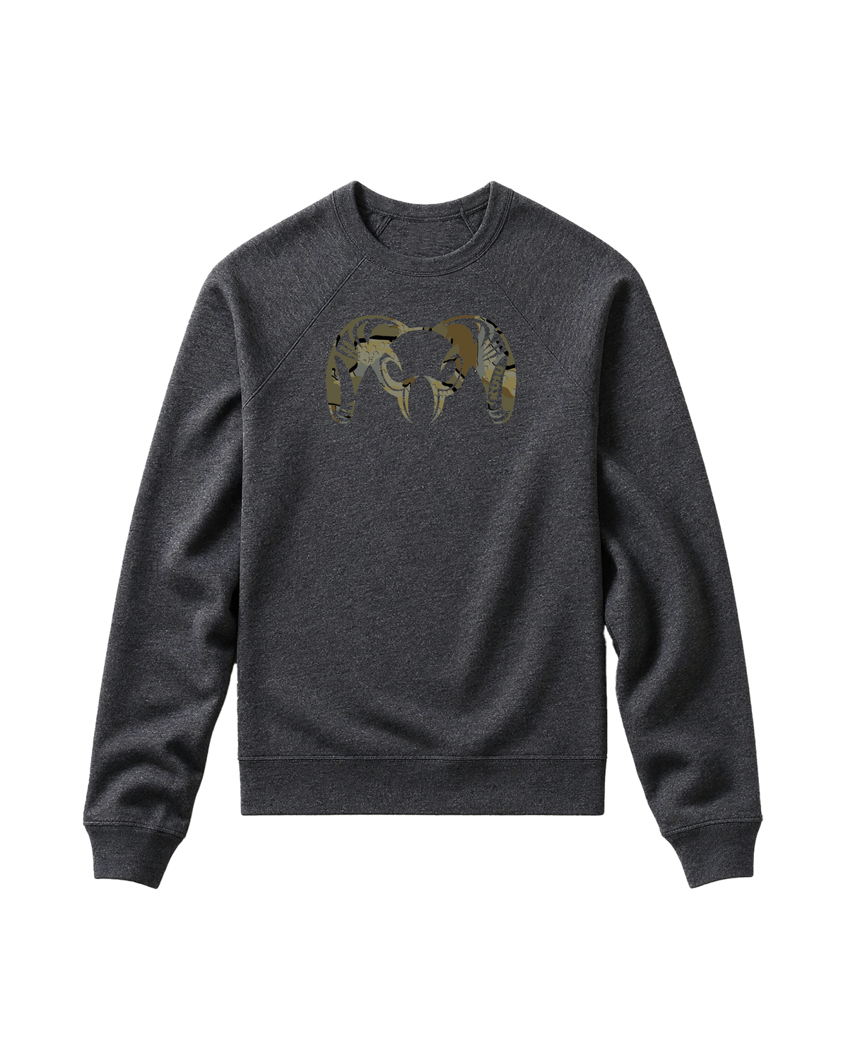 Front of Toddler Camo Big Ram Crewneck Sweatshirt in Heather Grey with Valo camouflage ram logo.