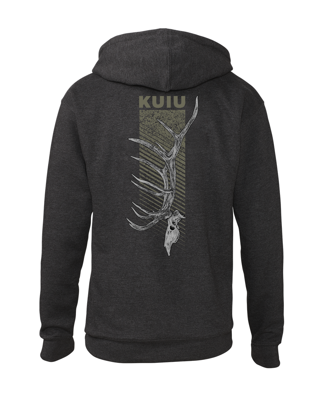 Back of KUIU Elk Skull Hoodie in Charcoal Grey