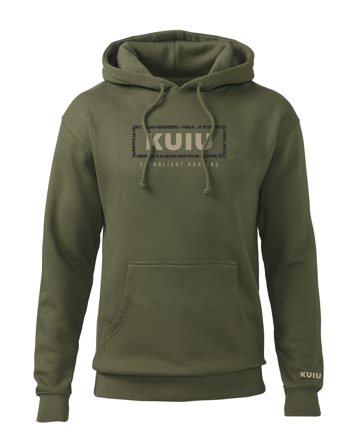 Front of KUIU Box Logo Hoodie in Army Green