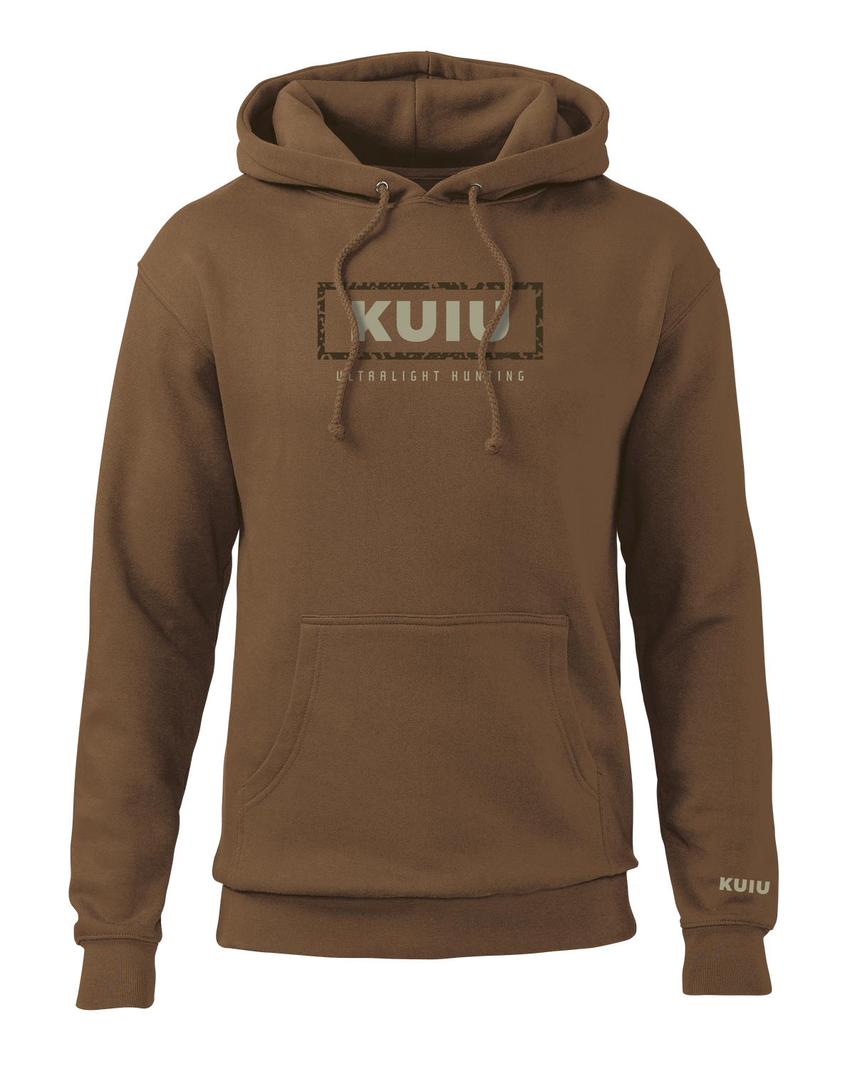 Front of KUIU Box Logo Hoodie in Saddle Brown
