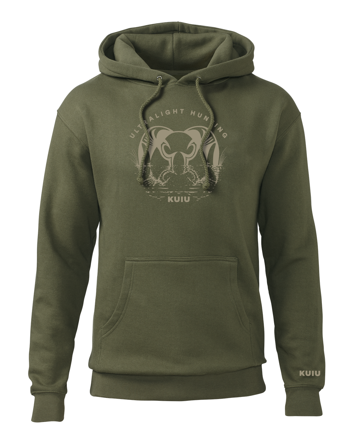 Front of KUIU Waterway Hoodie in Army Green