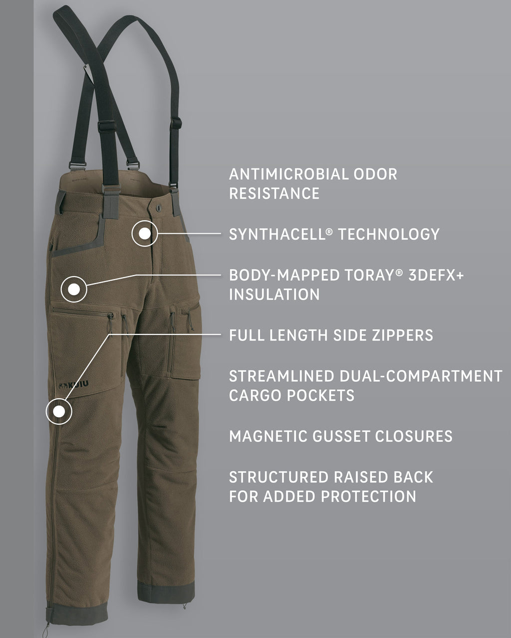 Proximity Insulated Pant Ash Brown Detail Callout, featured Antimicrobial Odor Resistance, SYNTHACELL Technology, Body-Mapped Toray 3DEFEX Insulation, Full Length Side Zippers, Streamlined Dual-Compartment Cargo Pockets, Magnetic Gusset Closures and Structured Raised Back for Added Protection.