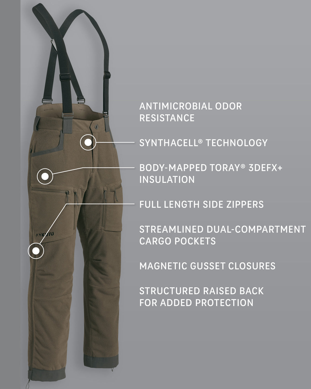 Proximity Insulated Pant Ash Brown Detail Callout, featured Antimicrobial Odor Resistance, SYNTHACELL Technology, Body-Mapped Toray 3DEFEX Insulation, Full Length Side Zippers, Streamlined Dual-Compartment Cargo Pockets, Magnetic Gusset Closures and Structured Raised Back for Added Protection.