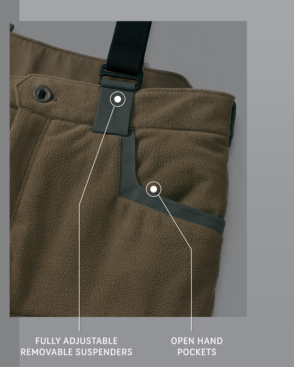 Proximity Insulated Pant in Ash Brown Fully Adjustable Removable Suspenders and Open Hand Pockets Detail Callout