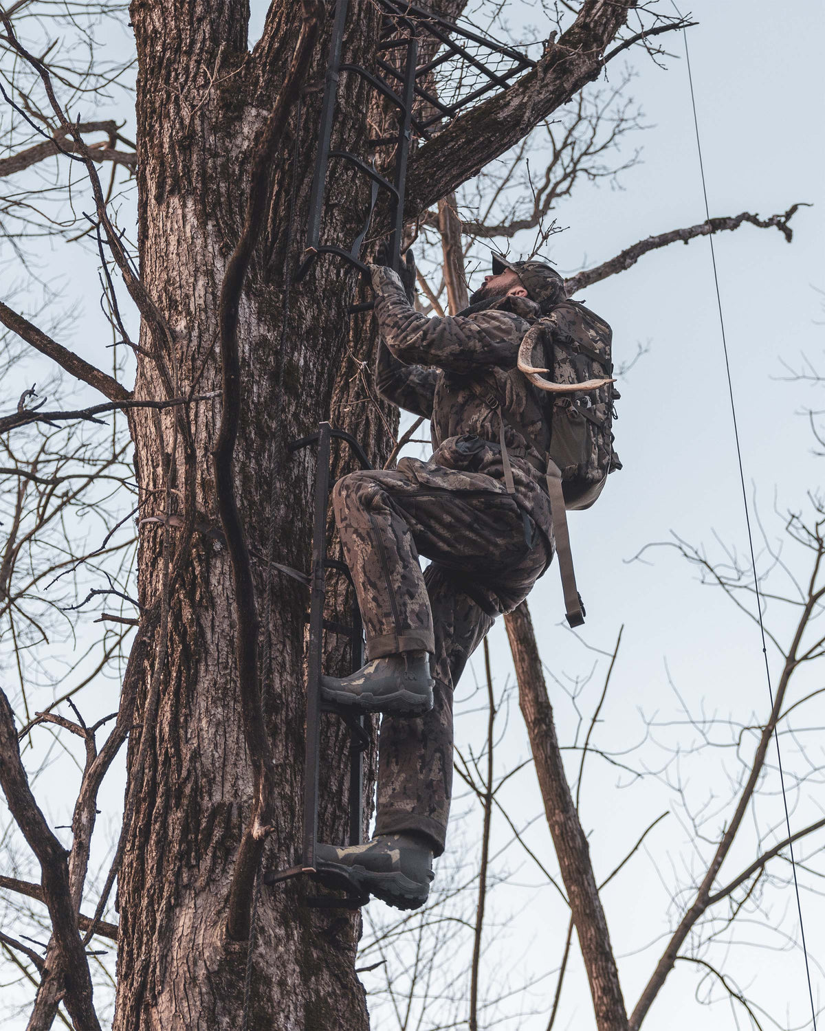 Whitetail hunter wearing Proximity Insulated Pant in Veros Camouflage  climbs a tree using a climbing latter  outdoors among bare branches.