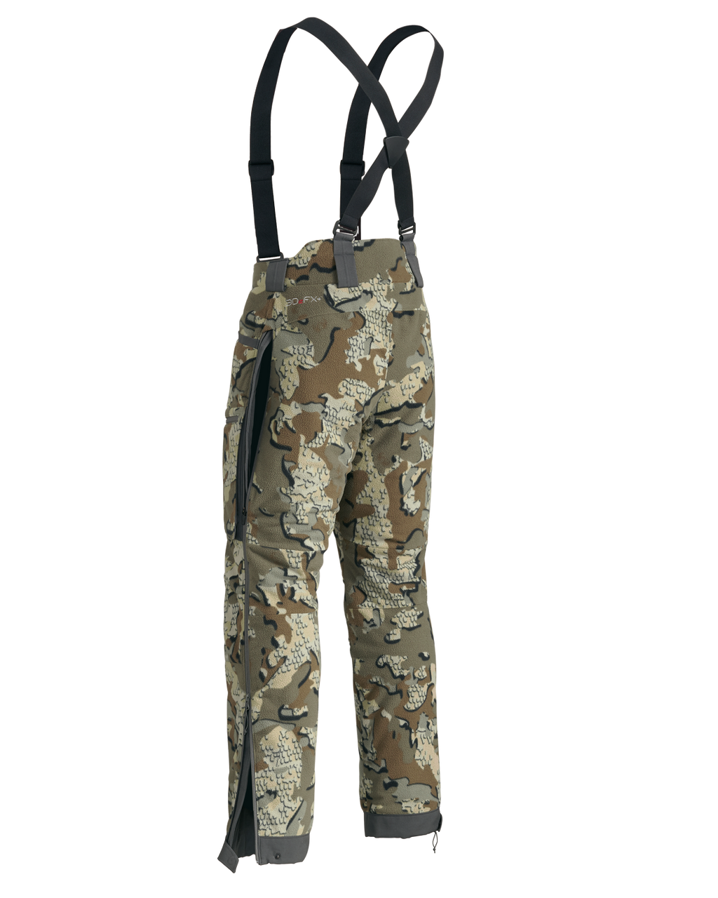 Rear, side view of Proximity Insulated Pants in Valo Off-Shade, Highlighting open hip vent and an unzipped bottom side zipper

