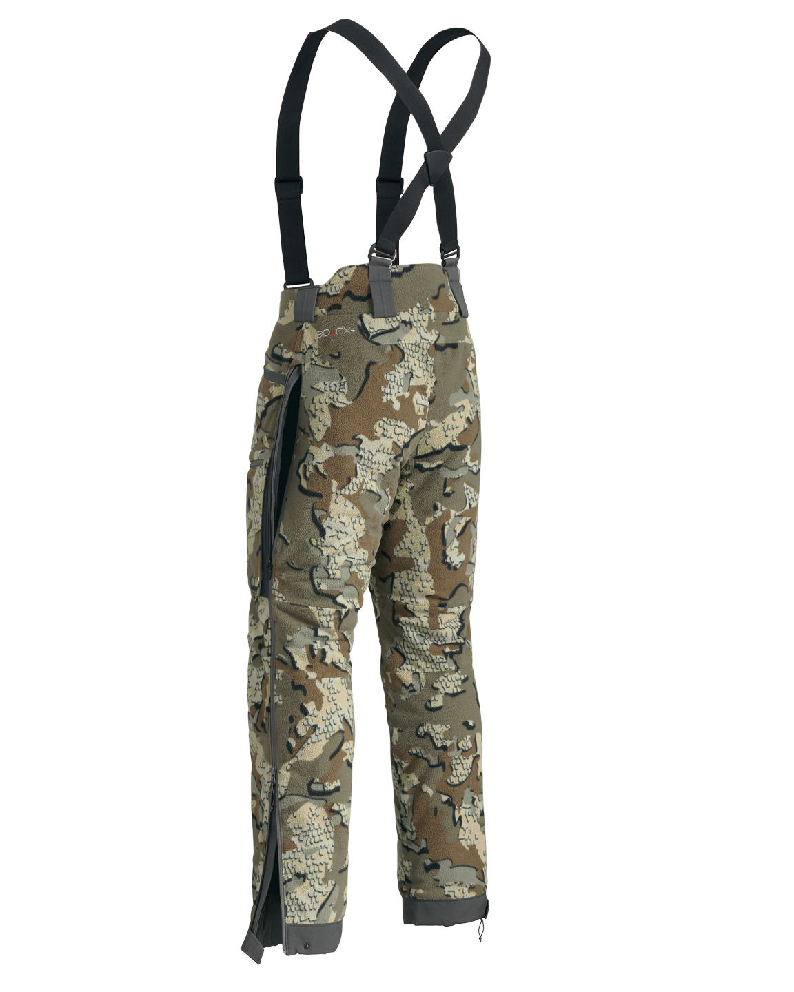 Rear, side view of Proximity Insulated Pants in Valo Off-Shade, Highlighting open hip vent and an unzipped bottom side zipper

