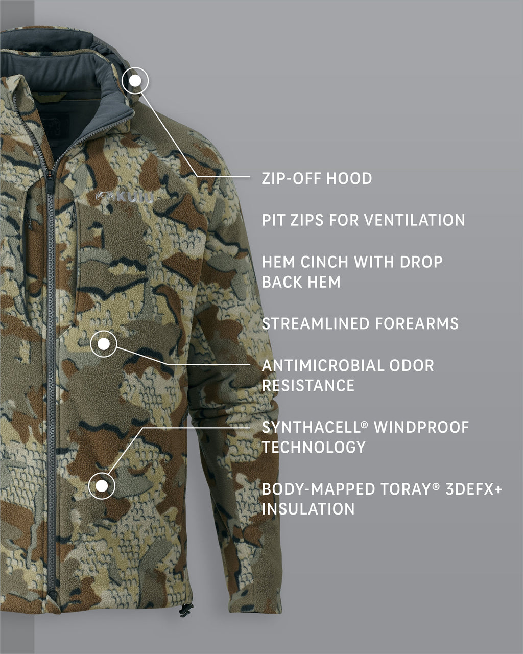 Proximity Hooded Jacket in Valo Camouflage Detail Callout, Highlighting Zip-Hood, Pit Zips for Ventilation, Hem Cinch with Drop Back Hem, Streamlined Forearms, Antimicrobial Odor Resistance, Synthacell Windproof, and Body-Mapped Toray 3DEFX Insulation